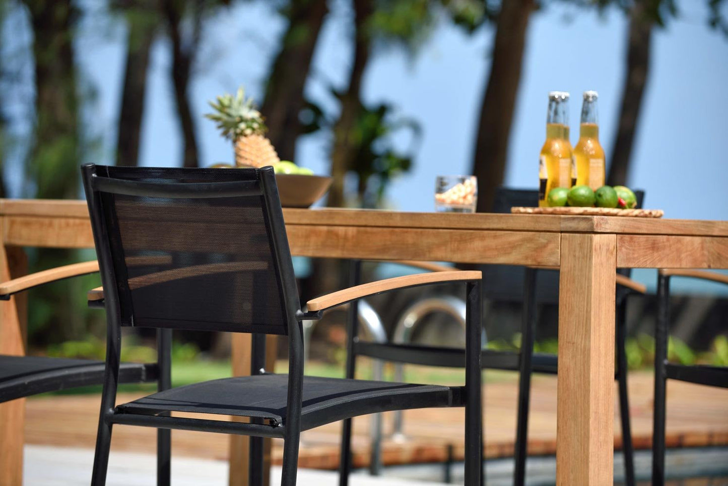 LifestyleGarden US Rinjani Teak Rectangular Table and 4 Vera Stacking Armchairs Set