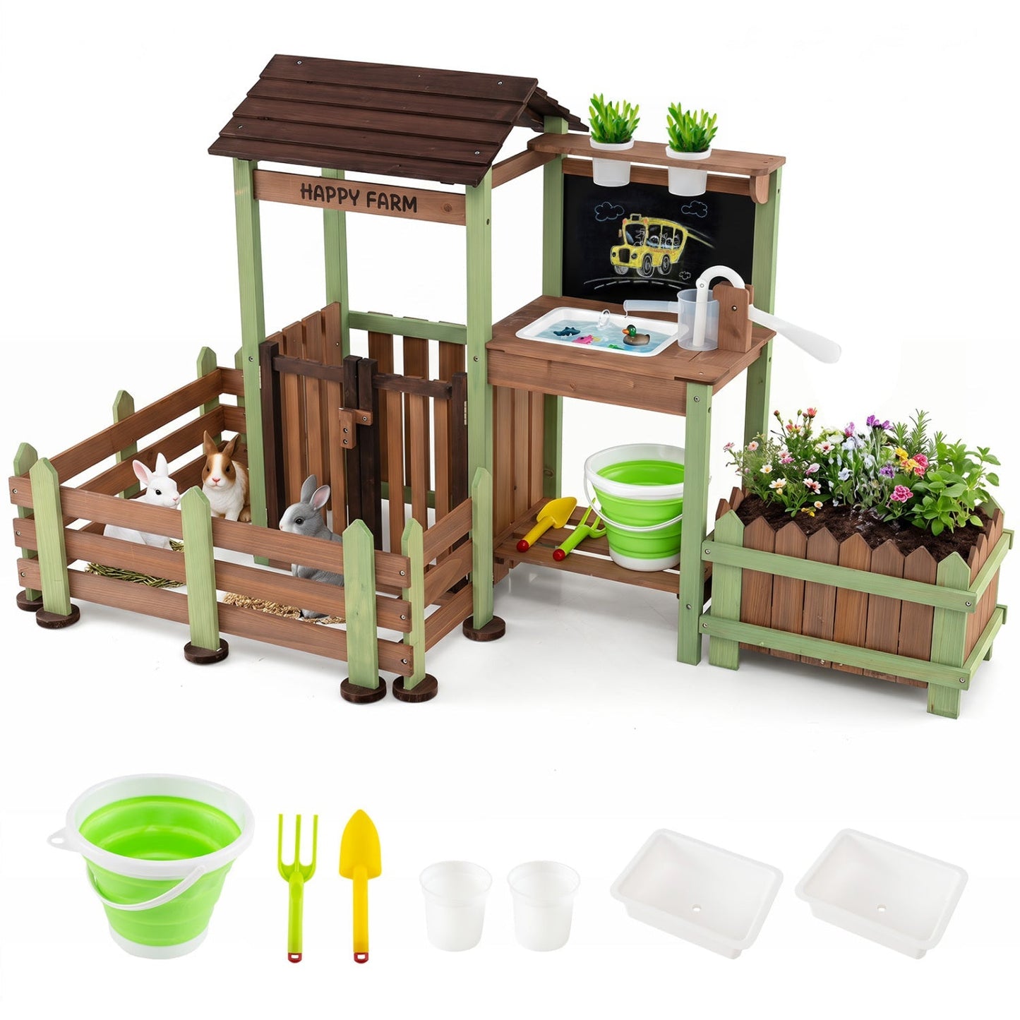 Wooden Outdoor Mud Farm Playset with Working Water Pump, Planter Box & Chalkboard