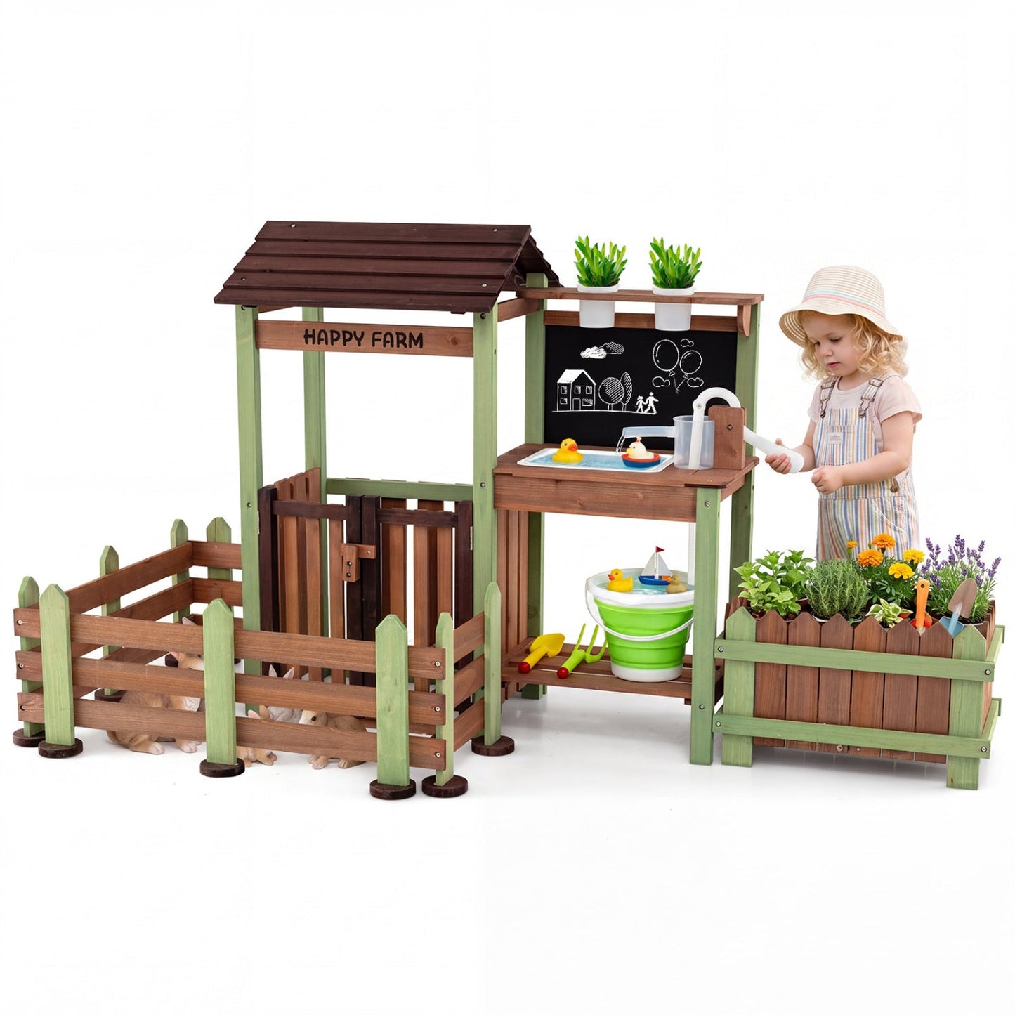 Wooden Outdoor Mud Farm Playset with Working Water Pump, Planter Box & Chalkboard