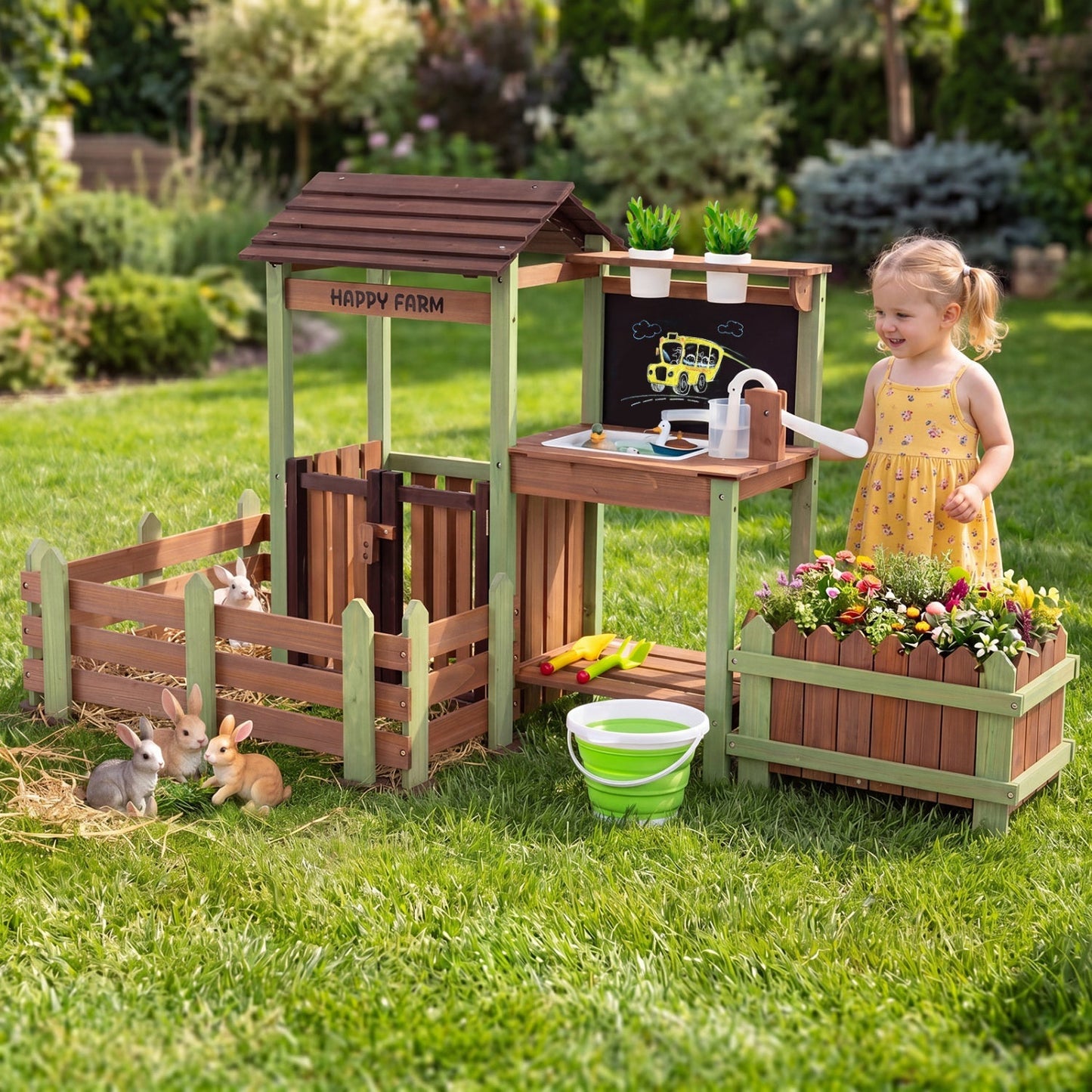 Wooden Outdoor Mud Farm Playset with Working Water Pump, Planter Box & Chalkboard