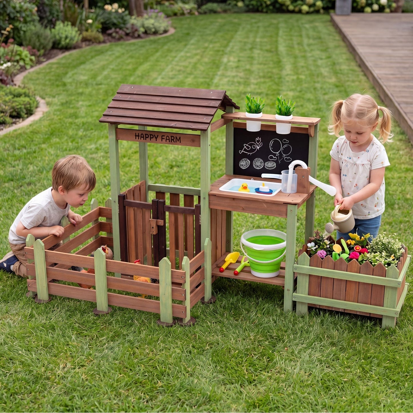 Wooden Outdoor Mud Farm Playset with Working Water Pump, Planter Box & Chalkboard