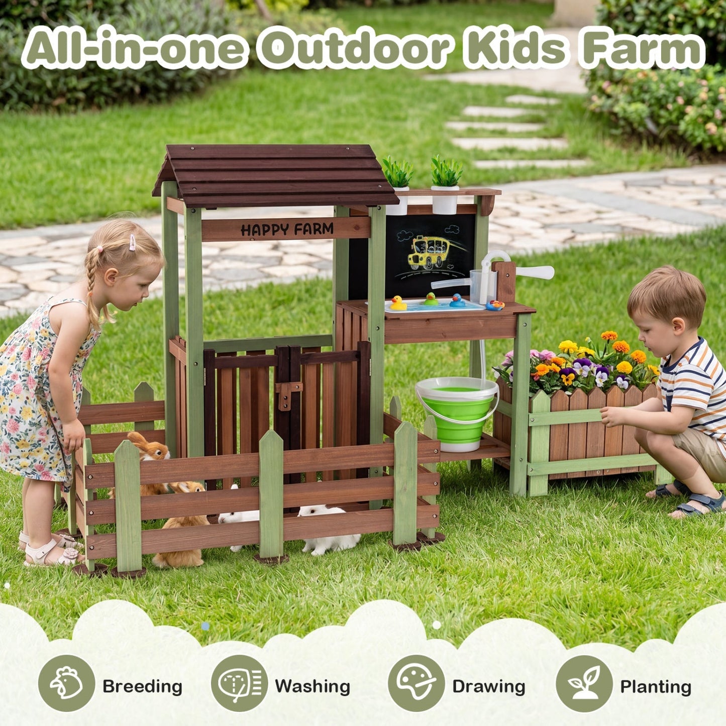 Wooden Outdoor Mud Farm Playset with Working Water Pump, Planter Box & Chalkboard
