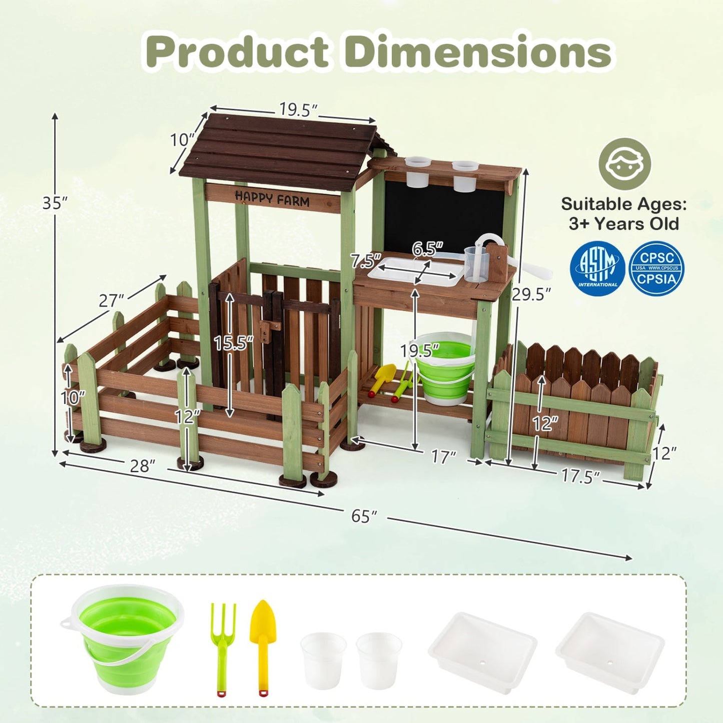 Wooden Outdoor Mud Farm Playset with Working Water Pump, Planter Box & Chalkboard