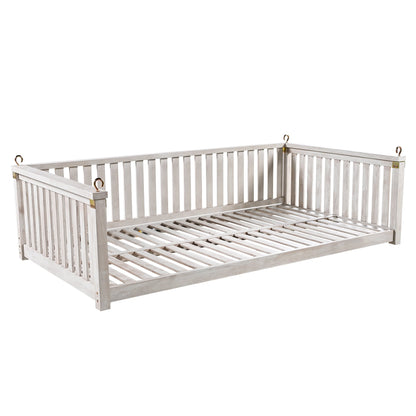 79-Inch Outdoor Acacia Wood Twin Swing Bed with Minimalist Rope Accents - Classic White