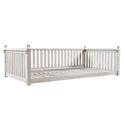 79-Inch Outdoor Acacia Wood Twin Swing Bed with Minimalist Rope Accents - Classic White