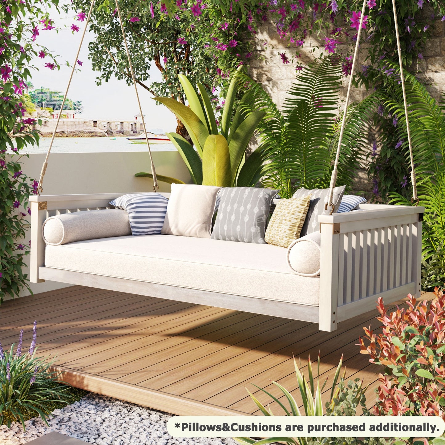 79-Inch Outdoor Acacia Wood Twin Swing Bed with Minimalist Rope Accents - Classic White