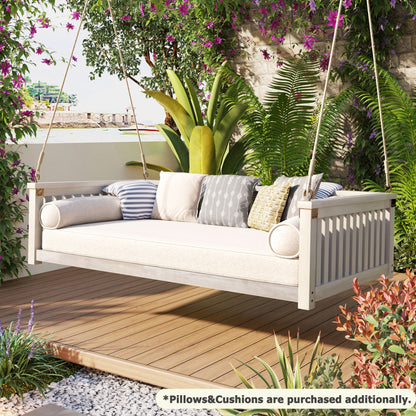 79-Inch Outdoor Acacia Wood Twin Swing Bed with Minimalist Rope Accents - Classic White