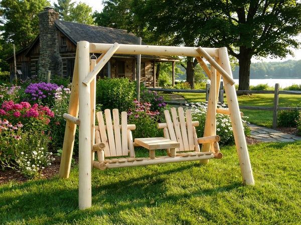 Backyard Handcrafted White Cedar Log Frame Garden Swing