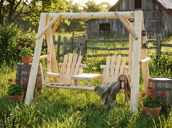 Backyard Handcrafted White Cedar Log Frame Garden Swing