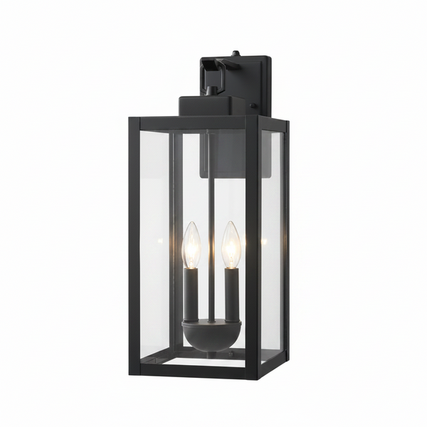 2-Light 20.25 In. Black Dusk to Dawn Outdoor Hardwired Wall Lantern Sconce with Clear Tempered Glass, No Bulbs Included