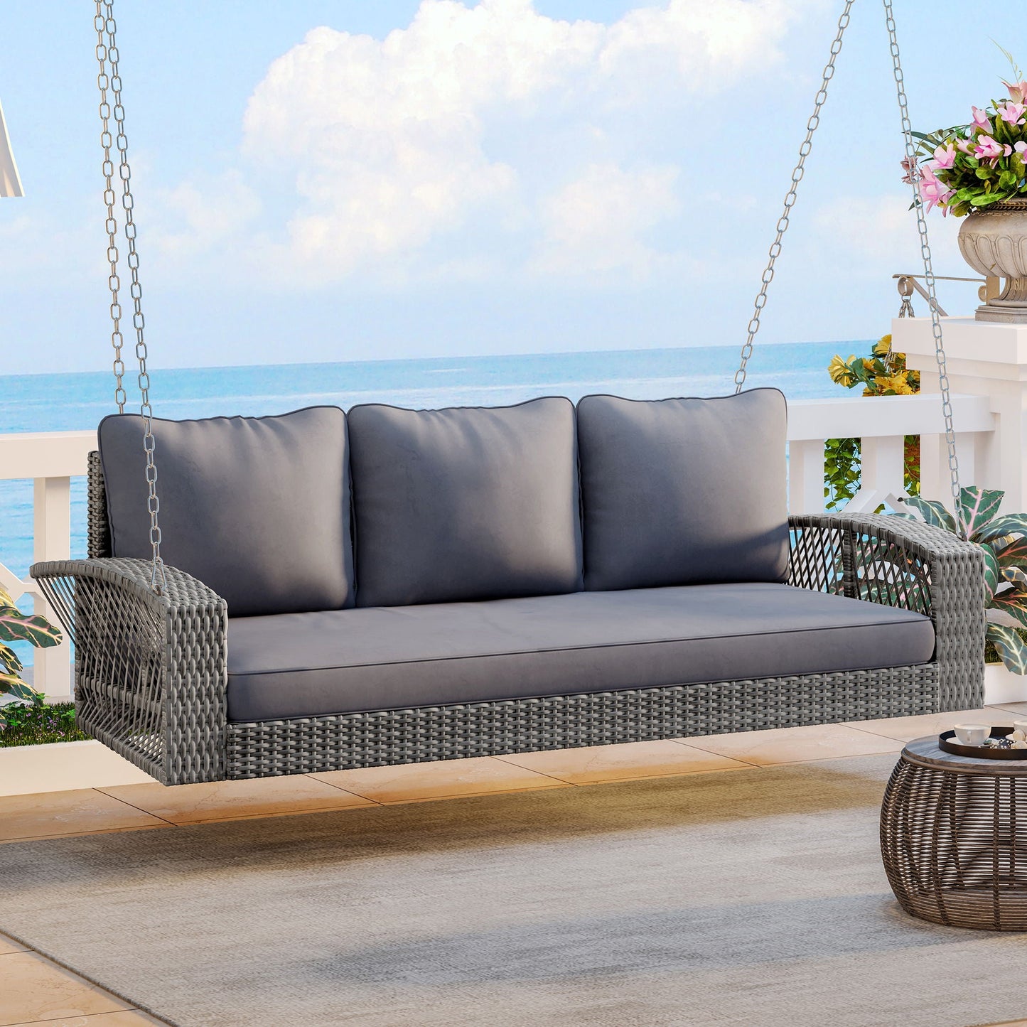 Unique Piece Furniture 3-Person Hand-Woven PE Rattan Patio Swing Bench with Cushions & Chains