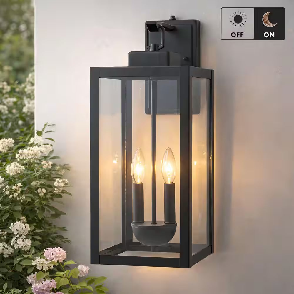 2-Light 20.25 In. Black Dusk to Dawn Outdoor Hardwired Wall Lantern Sconce with Clear Tempered Glass, No Bulbs Included