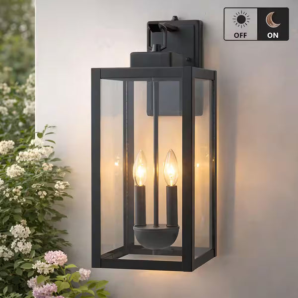 2-Light 20.25 In. Black Dusk to Dawn Outdoor Hardwired Wall Lantern Sconce with Clear Tempered Glass, No Bulbs Included