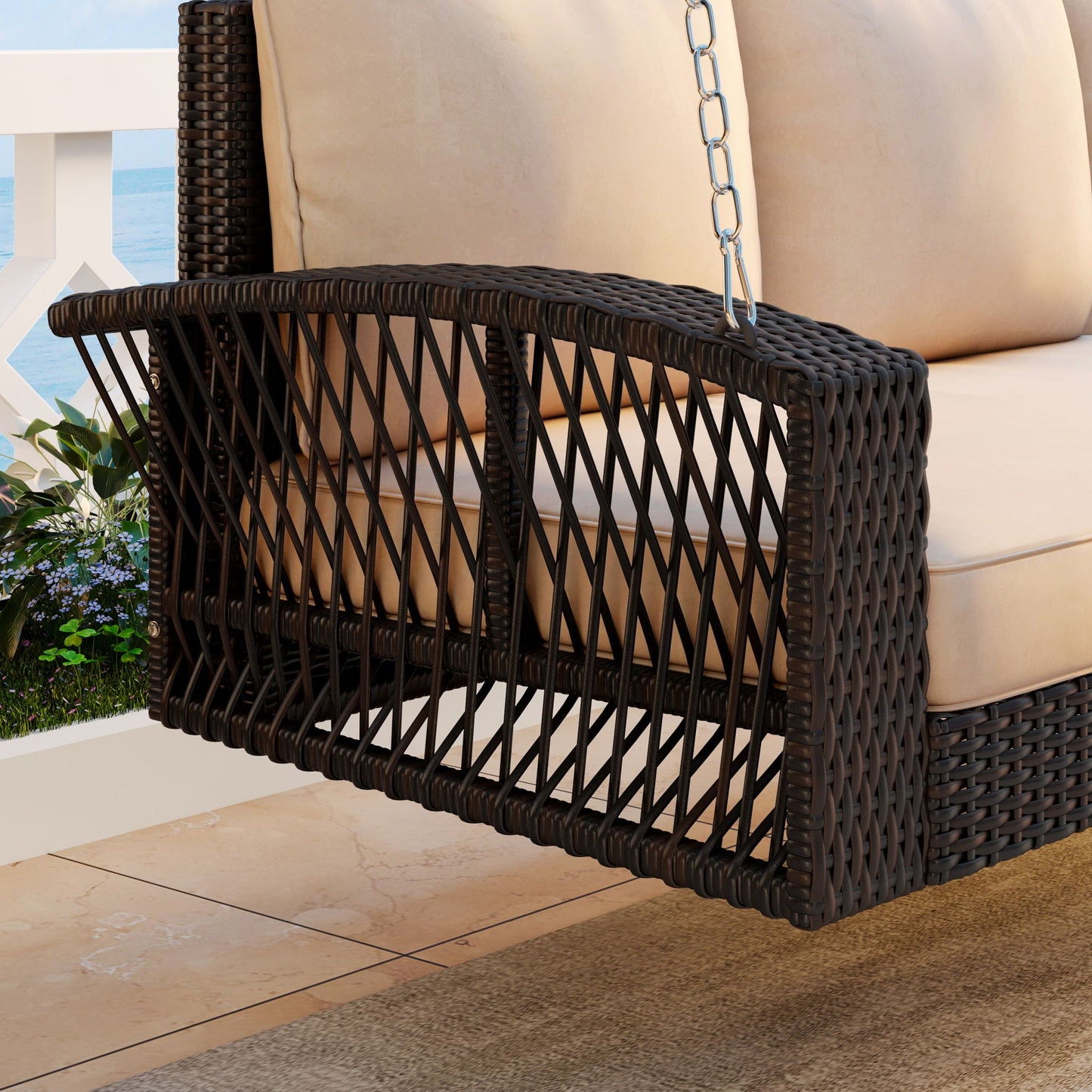 Unique Piece Furniture 3-Person Hand-Woven PE Rattan Patio Swing Bench with Cushions & Chains