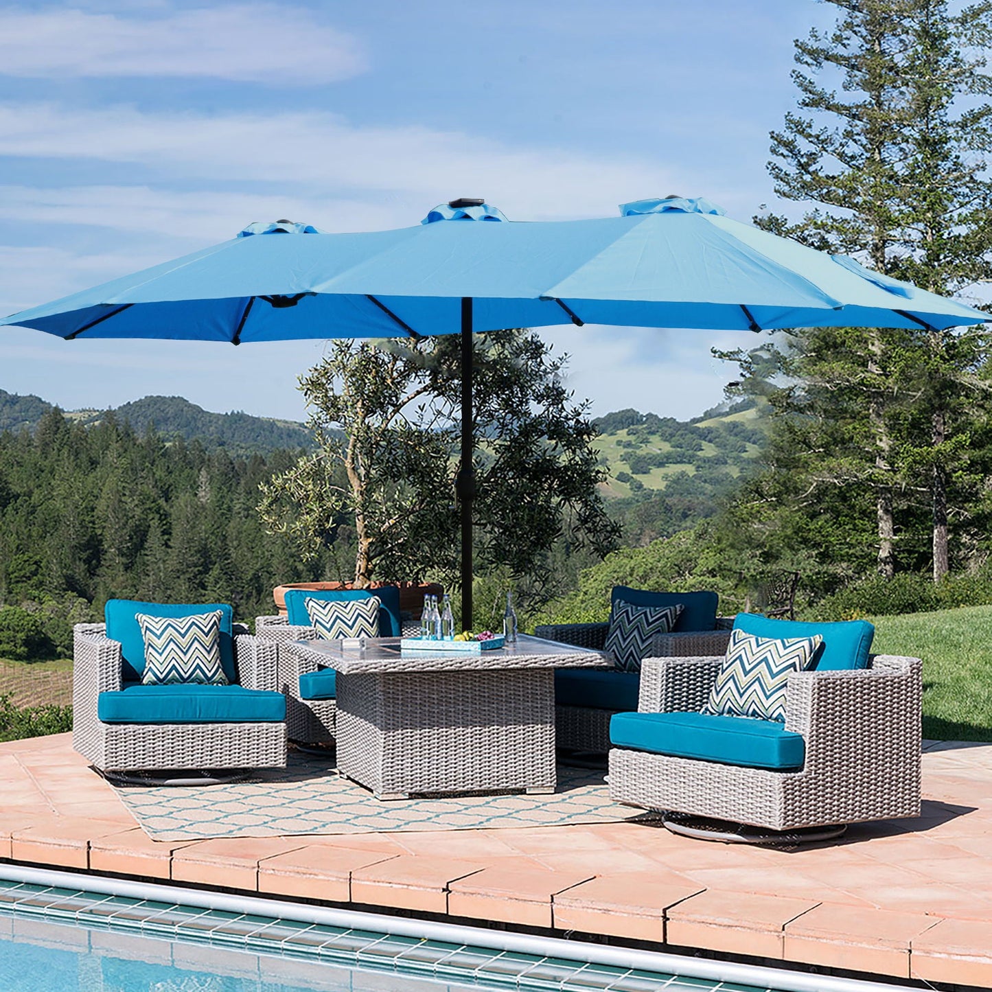 15ft x 9ft Extra-Large Double-Sided Solar LED Market Patio Umbrella with Cross Base