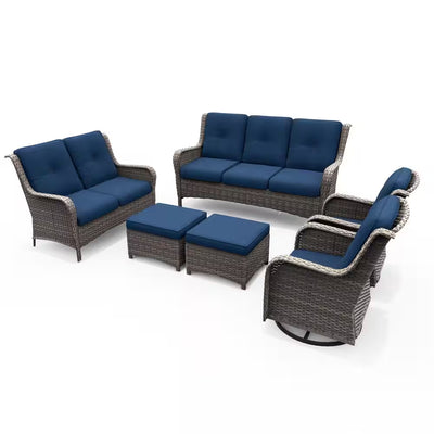 6-Piece Outdoor Patio Conversation Set with Blue Cushions, Swivel Rocker Chairs & Ottomans