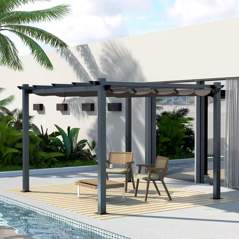 10 Ft. W X 10 Ft. D Aluminum Pergola Outdoor with Retractable Canopy