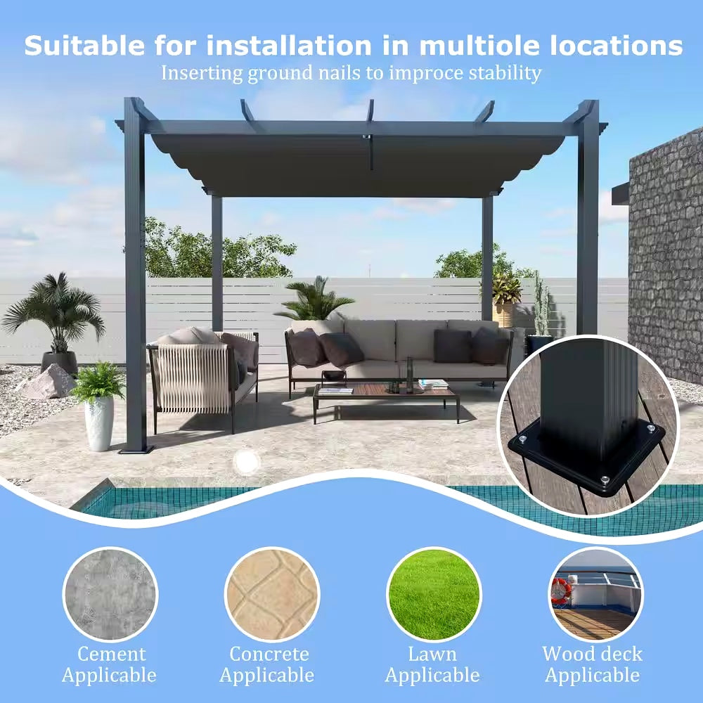 10 Ft. W X 10 Ft. D Aluminum Pergola Outdoor with Retractable Canopy