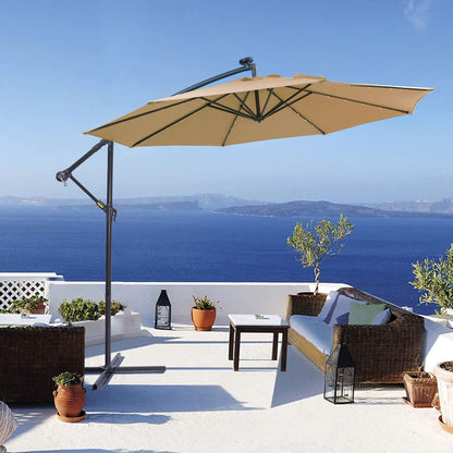 10ft Solar-Powered 32 LED Cantilever Offset Patio Umbrella with Cross Base - Taupe
