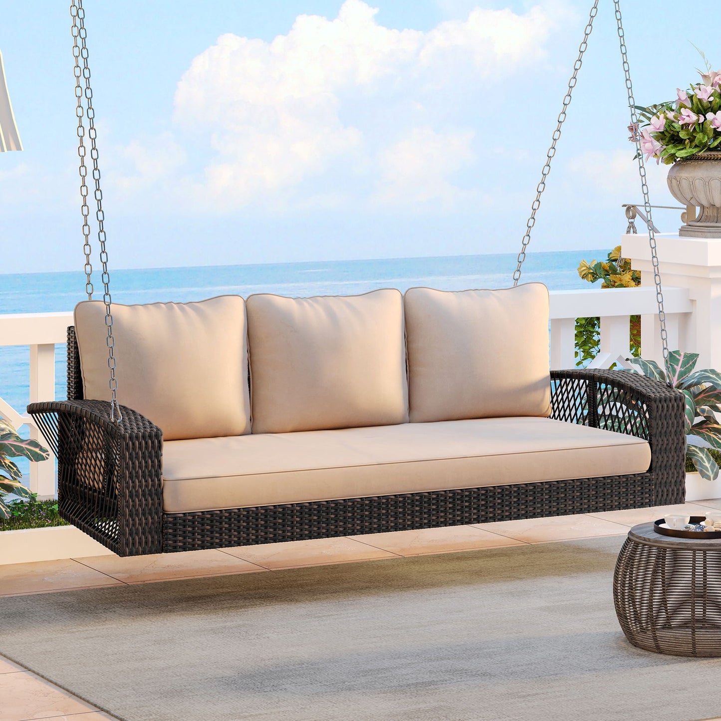 Unique Piece Furniture 3-Person Hand-Woven PE Rattan Patio Swing Bench with Cushions & Chains