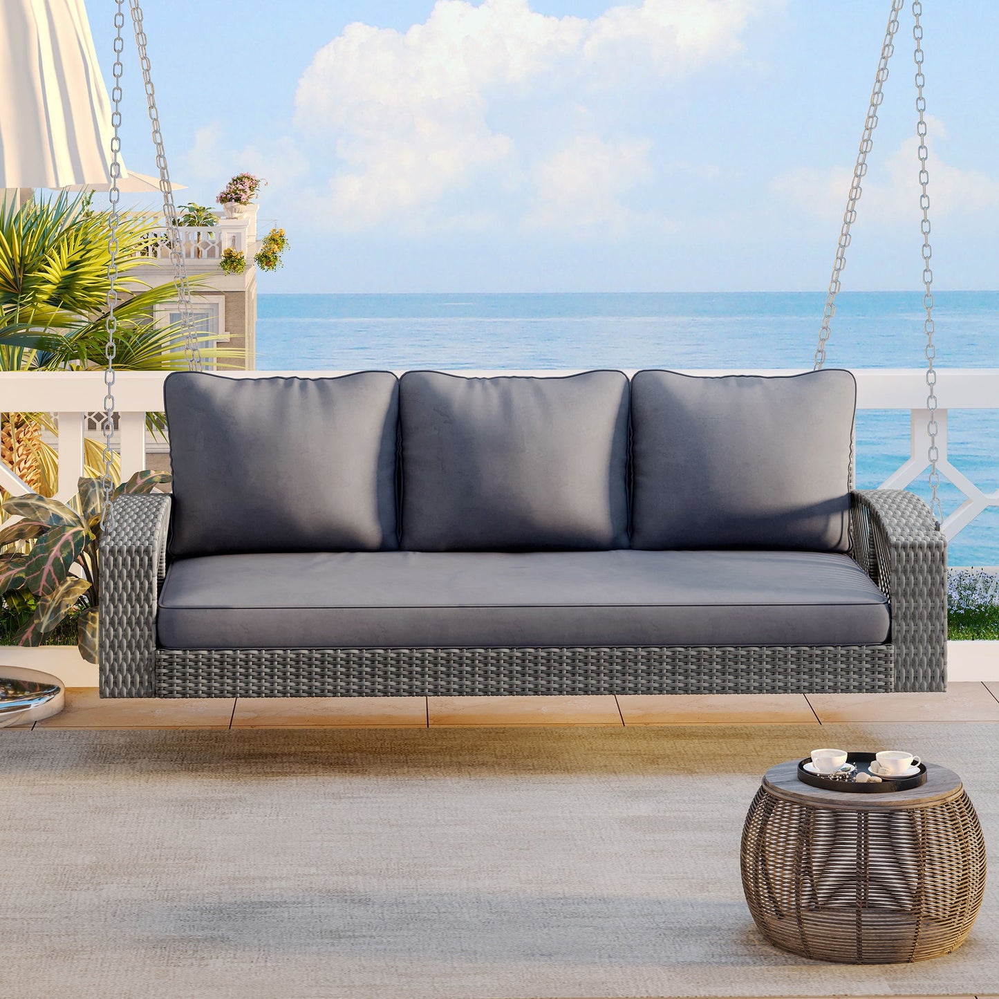 Unique Piece Furniture 3-Person Hand-Woven PE Rattan Patio Swing Bench with Cushions & Chains
