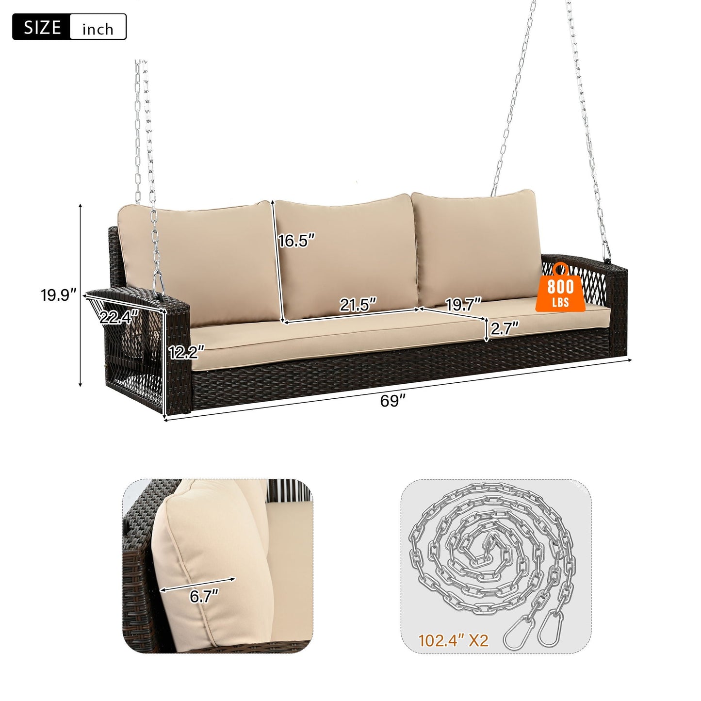 Unique Piece Furniture 3-Person Hand-Woven PE Rattan Patio Swing Bench with Cushions & Chains