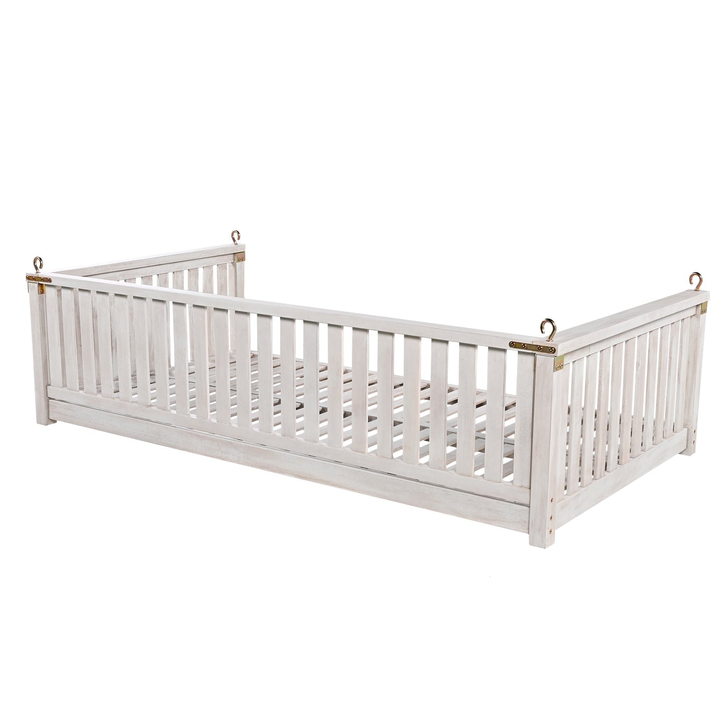 79-Inch Outdoor Acacia Wood Twin Swing Bed with Minimalist Rope Accents - Classic White