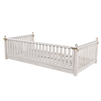 79-Inch Outdoor Acacia Wood Twin Swing Bed with Minimalist Rope Accents - Classic White
