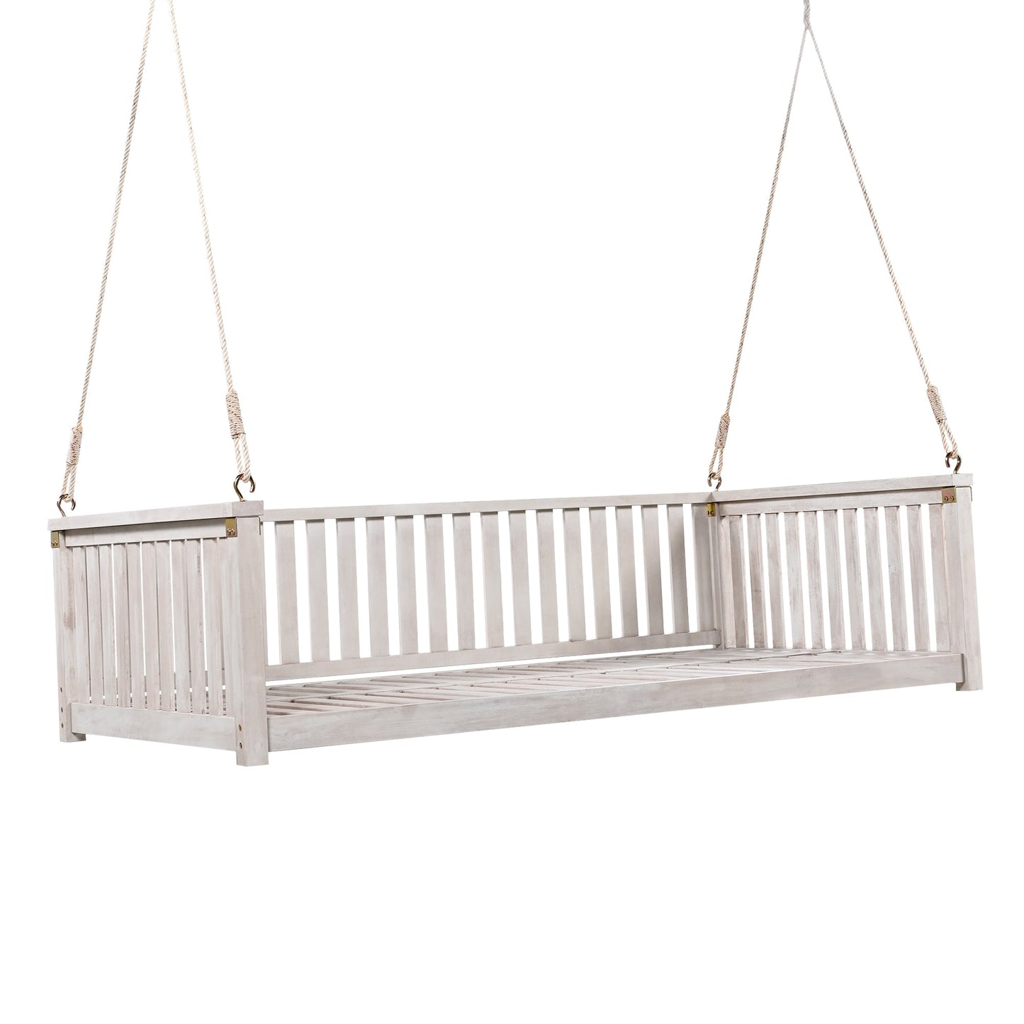 79-Inch Outdoor Acacia Wood Twin Swing Bed with Minimalist Rope Accents - Classic White