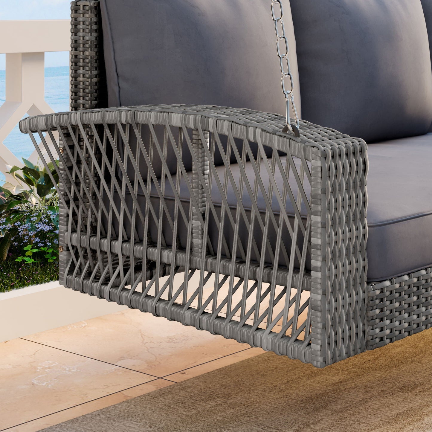 Unique Piece Furniture 3-Person Hand-Woven PE Rattan Patio Swing Bench with Cushions & Chains