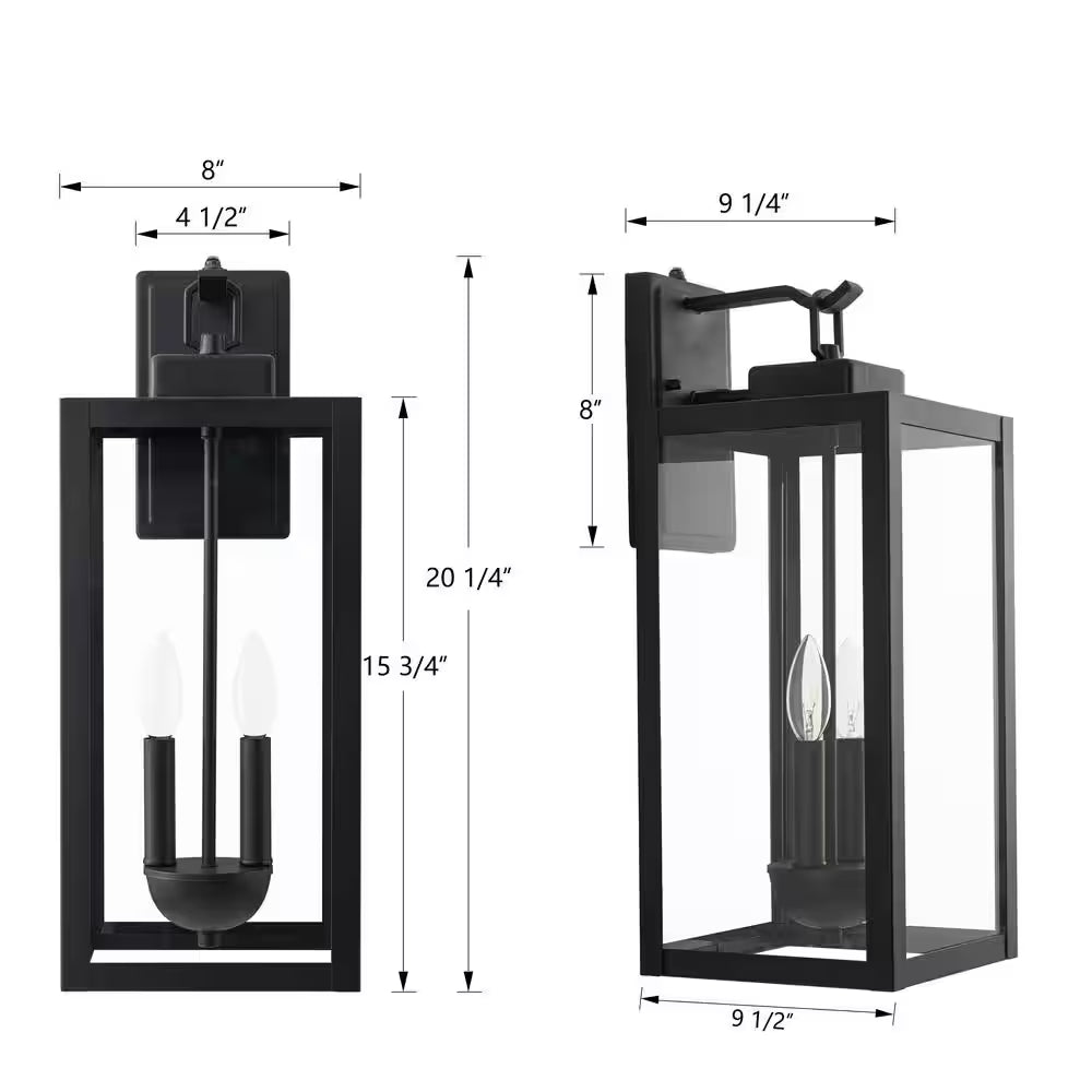 2-Light 20.25 In. Black Dusk to Dawn Outdoor Hardwired Wall Lantern Sconce with Clear Tempered Glass, No Bulbs Included