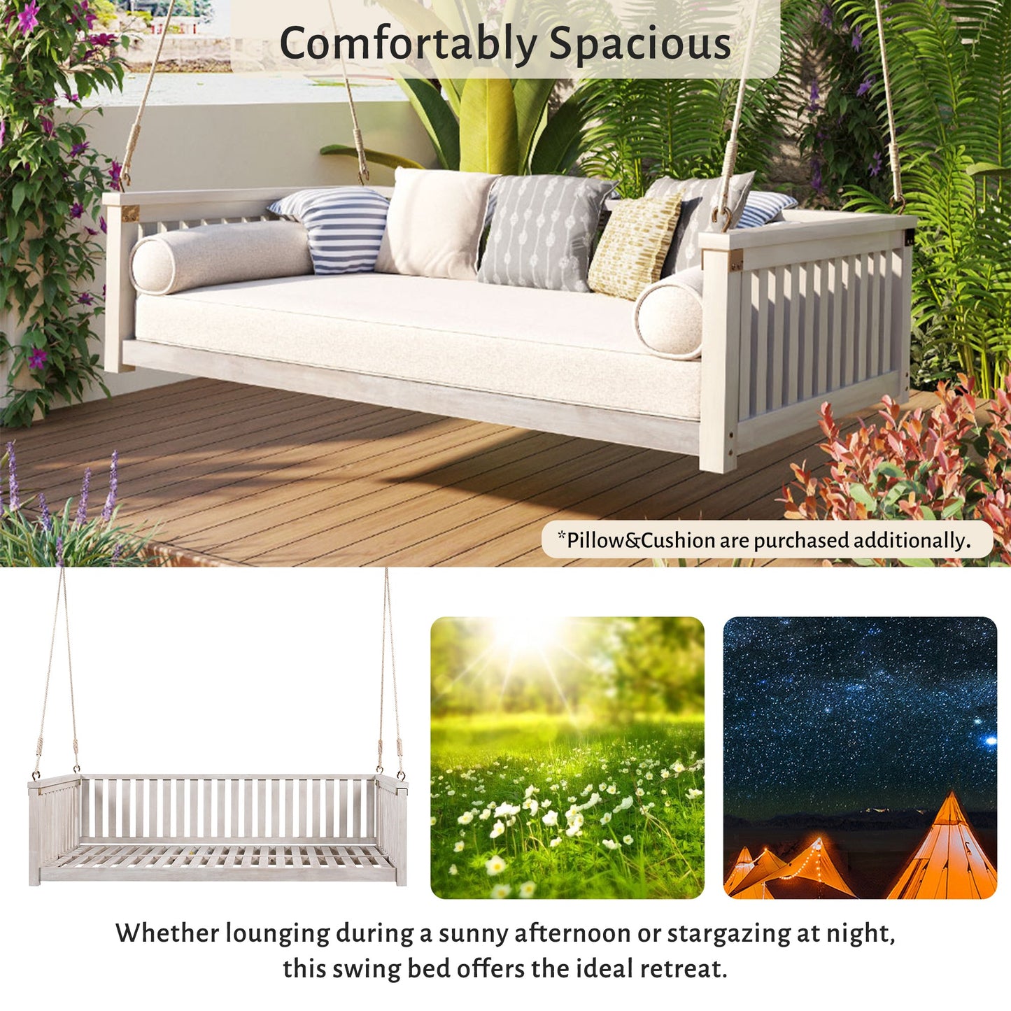 79-Inch Outdoor Acacia Wood Twin Swing Bed with Minimalist Rope Accents - Classic White