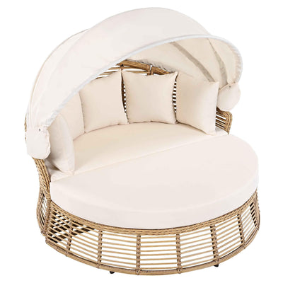 Outdoor Patio Rattan Round Daybed with Retractable Canopy, Wicker