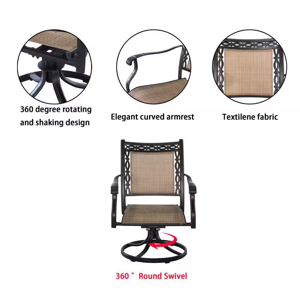 Classic 5-Piece Cast Aluminum Outdoor Dining Set with Swivel Sling Chairs & Ceramic Tile Top Table