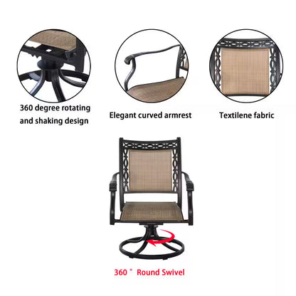 Classic 5-Piece Cast Aluminum Outdoor Dining Set with Swivel Sling Chairs & Ceramic Tile Top Table