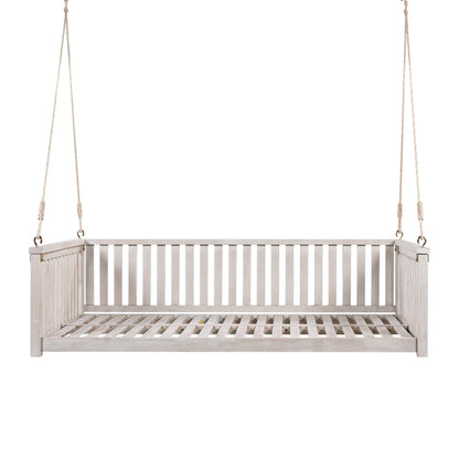 79-Inch Outdoor Acacia Wood Twin Swing Bed with Minimalist Rope Accents - Classic White
