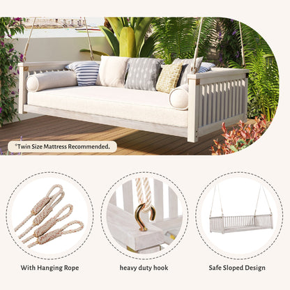 79-Inch Outdoor Acacia Wood Twin Swing Bed with Minimalist Rope Accents - Classic White