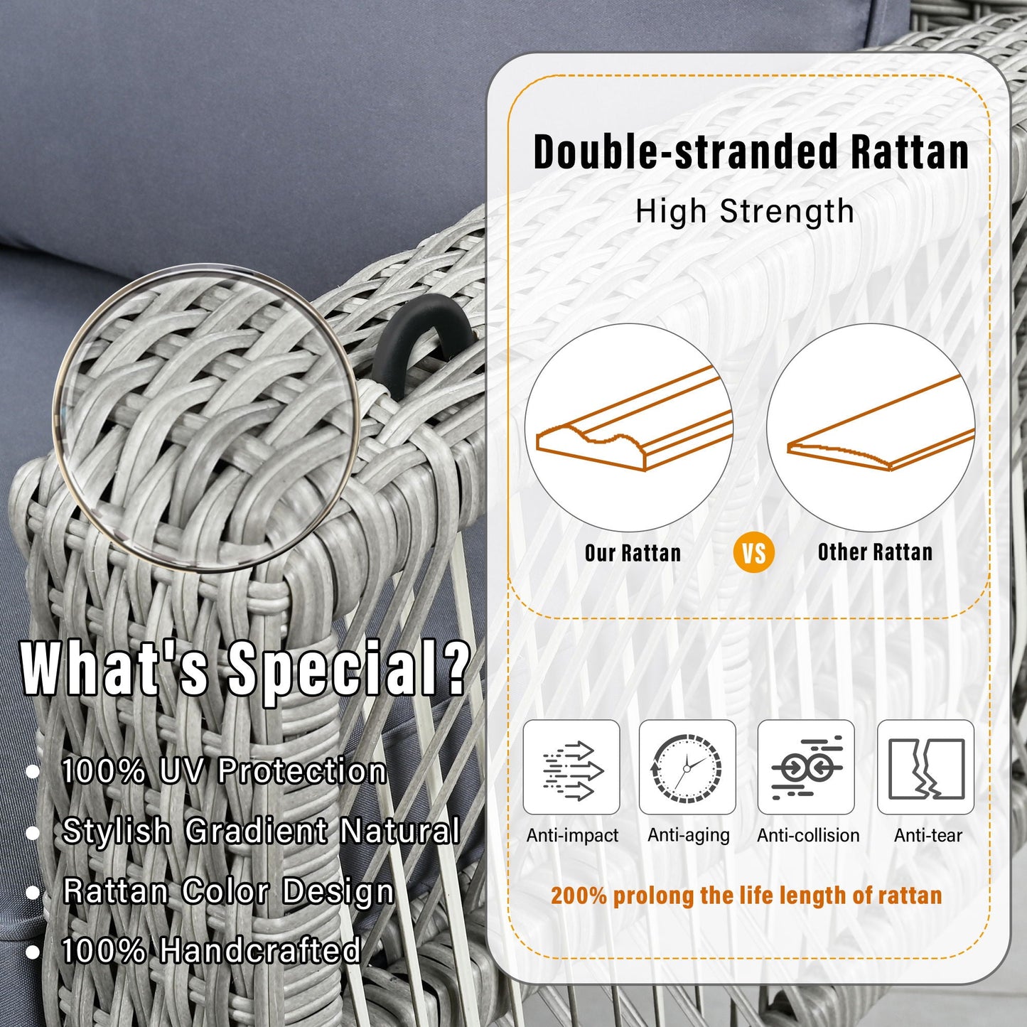 Unique Piece Furniture 3-Person Hand-Woven PE Rattan Patio Swing Bench with Cushions & Chains