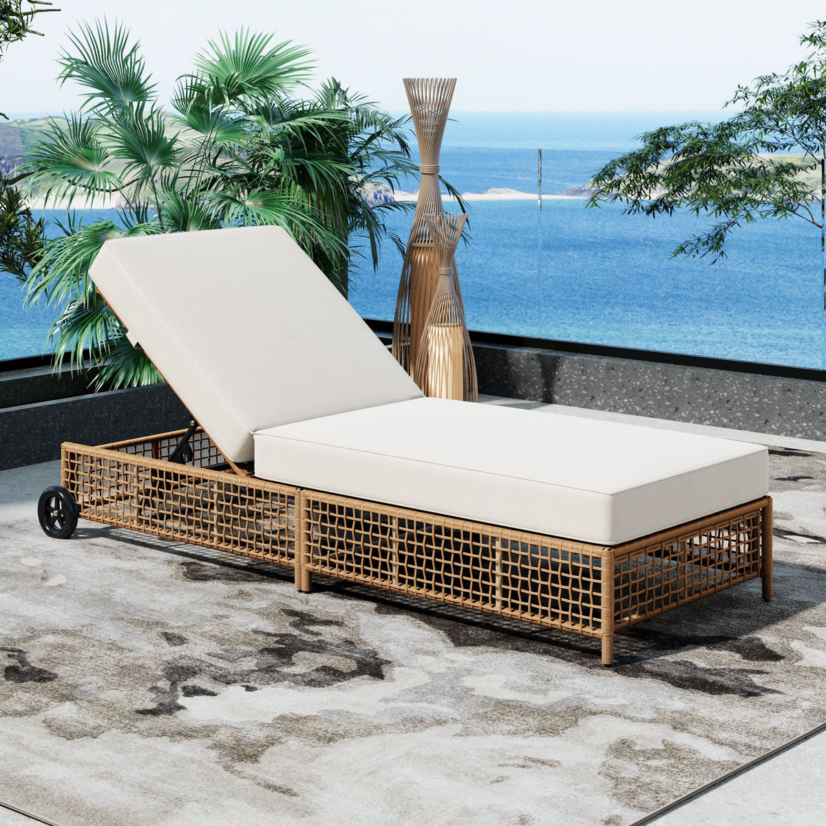 Outdoor Reclining Lounge Chair with 5-Position Backrest, Cushion & Wheels
