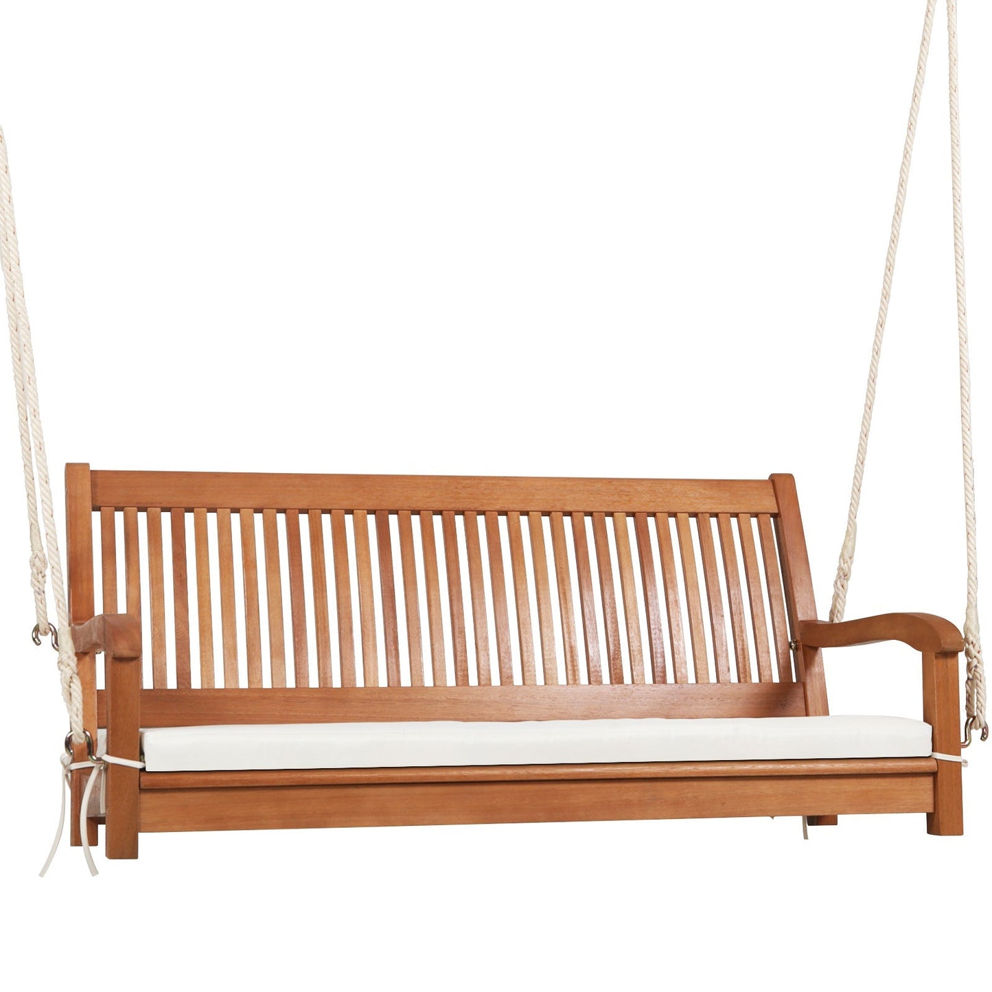 LJGDeals 2-Person Wooden Hanging Porch Swing Bench with Cushion and Curved Back