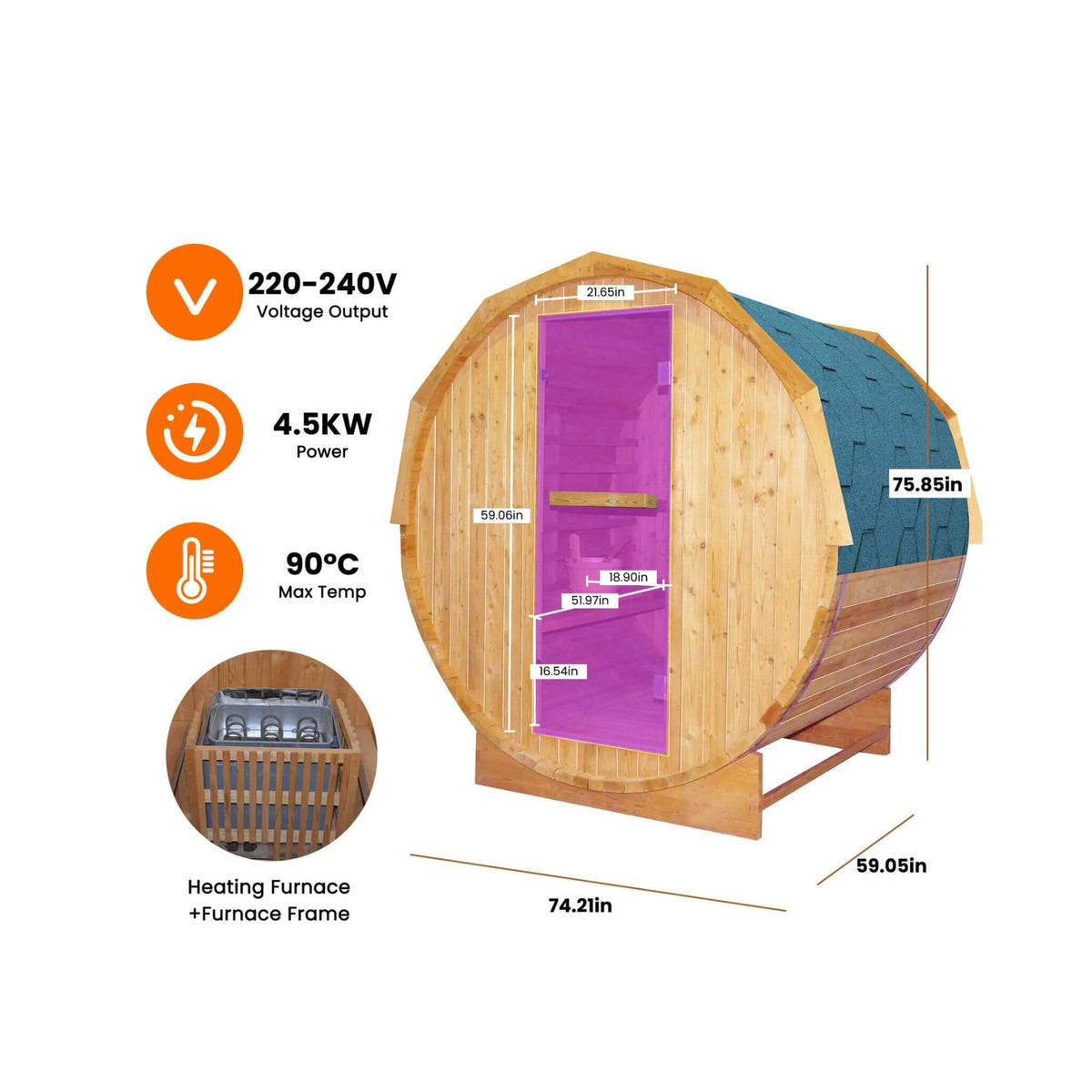 Ignite Large Premium American White Oak Outdoor Wooden Barrel Sauna With 4.5KW Sauna Heater (SAK45968)