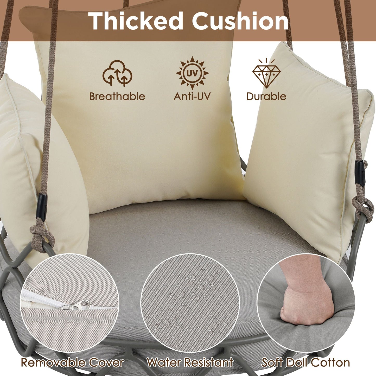 Alora Luxury Outdoor Hanging Basket Porch Swing Chair with UV-Resistant 8-Inch Cushion