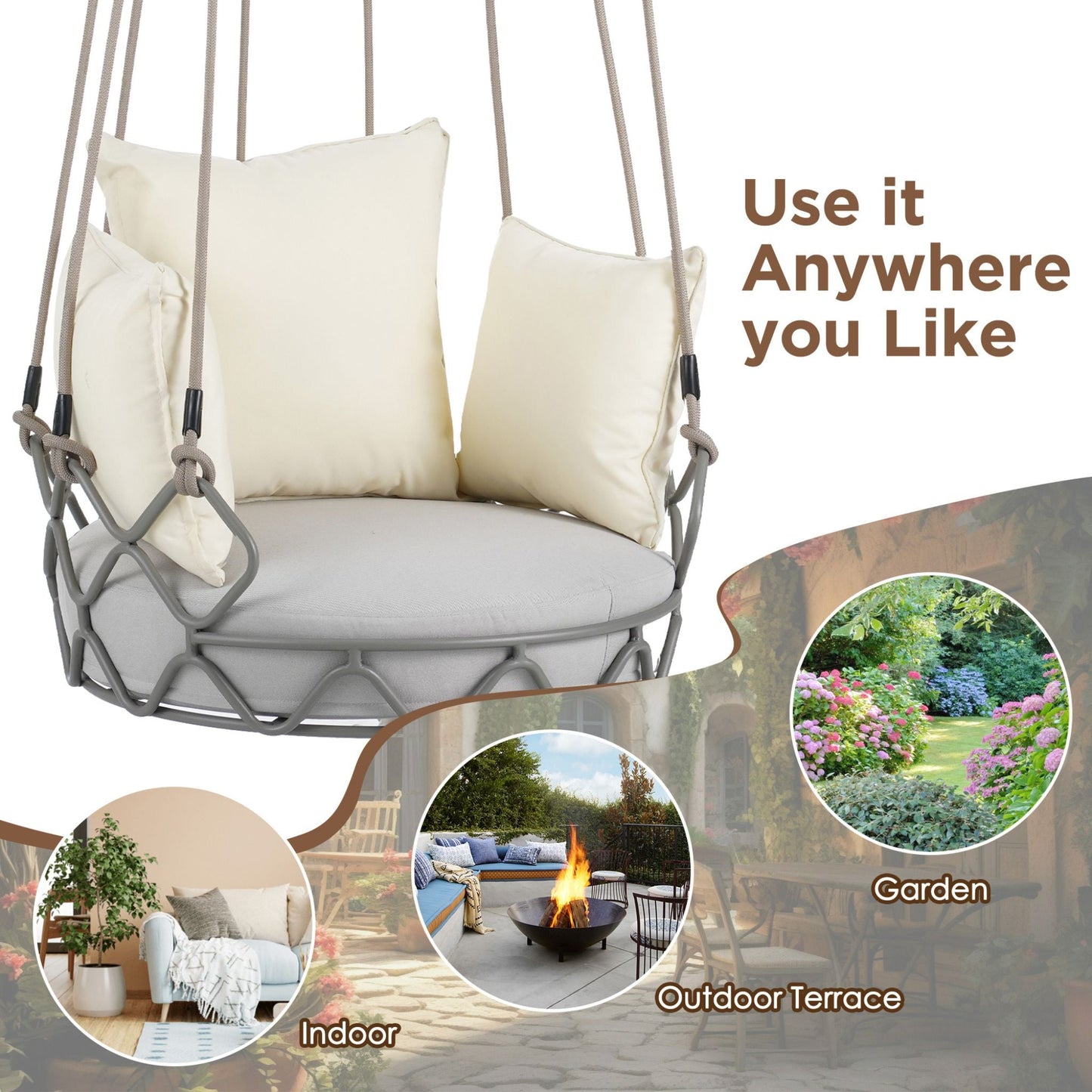 Alora Luxury Outdoor Hanging Basket Porch Swing Chair with UV-Resistant 8-Inch Cushion
