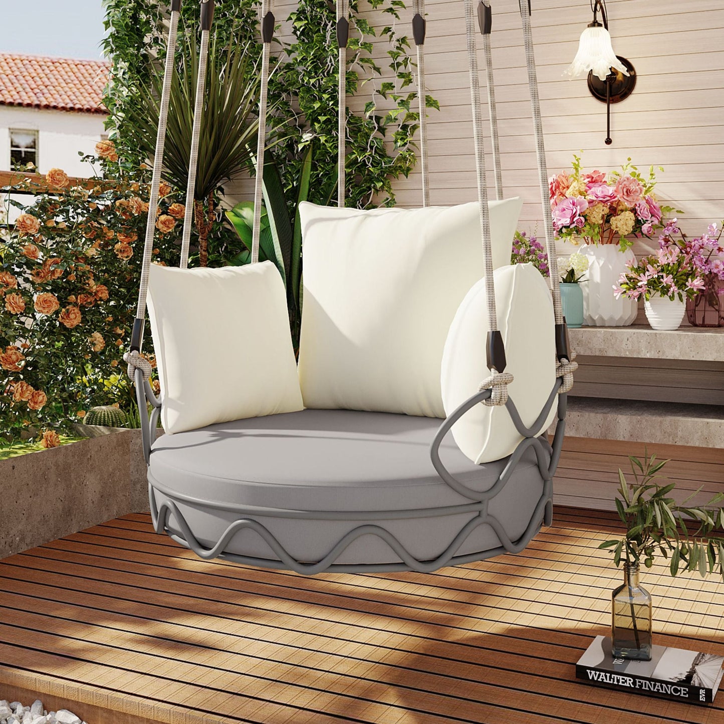 Alora Luxury Outdoor Hanging Basket Porch Swing Chair with UV-Resistant 8-Inch Cushion