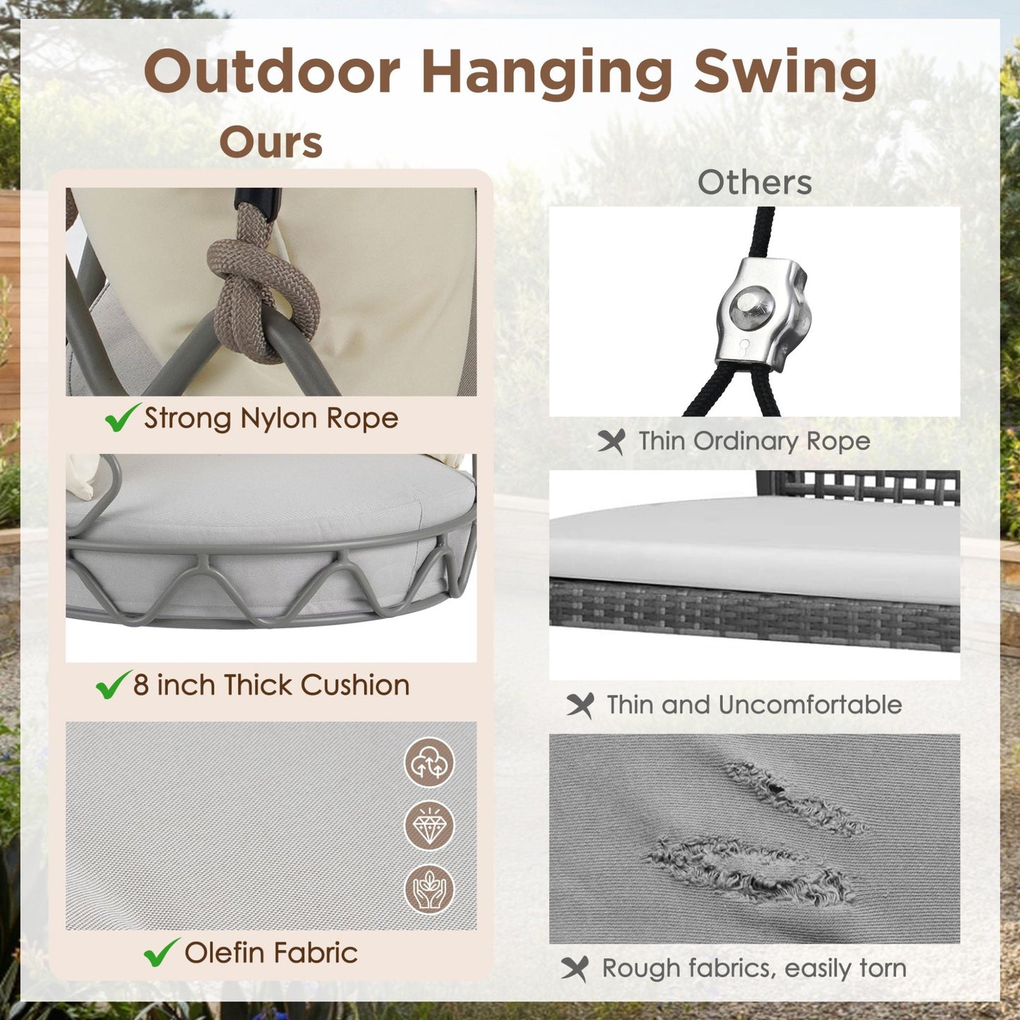 Alora Luxury Outdoor Hanging Basket Porch Swing Chair with UV-Resistant 8-Inch Cushion