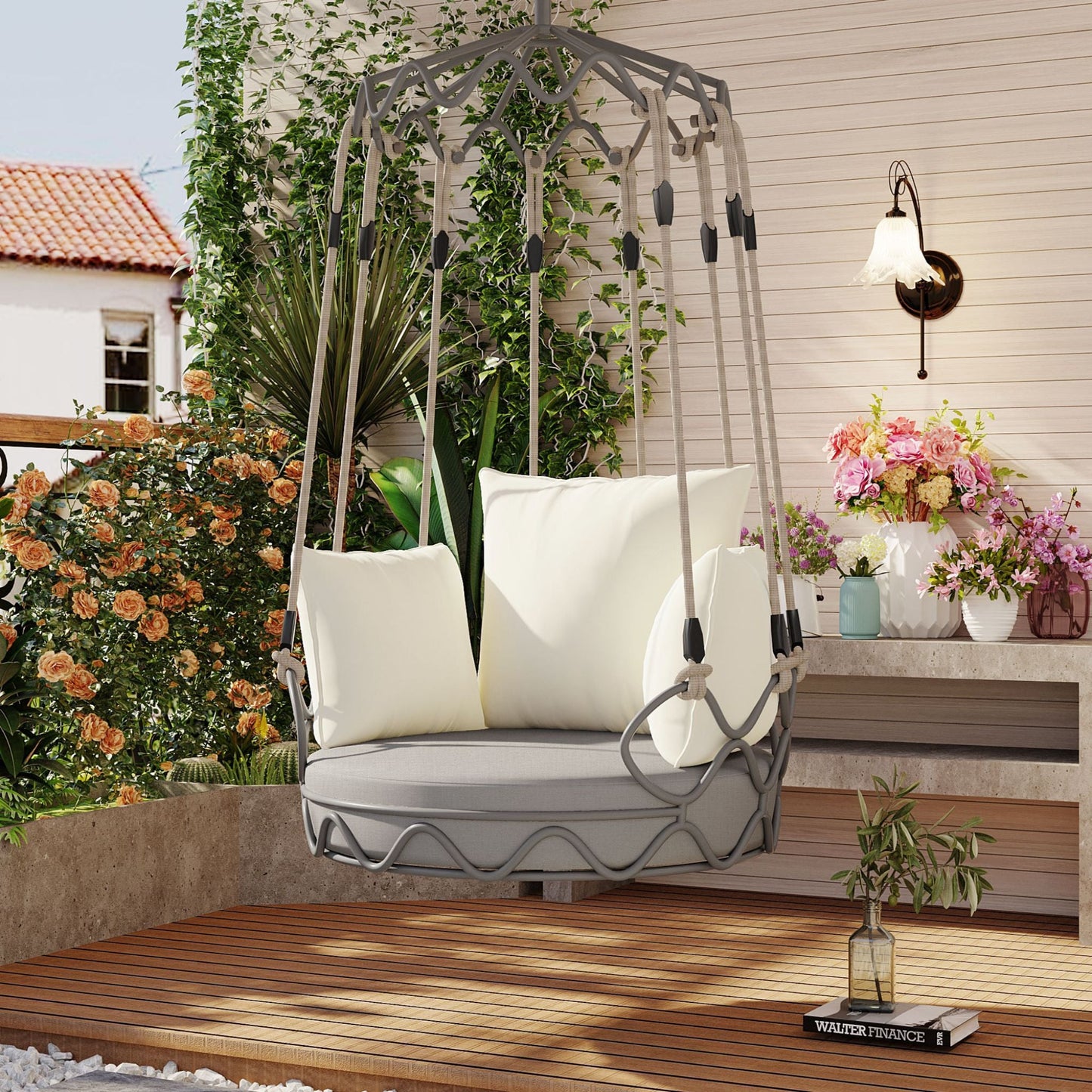 Alora Luxury Outdoor Hanging Basket Porch Swing Chair with UV-Resistant 8-Inch Cushion
