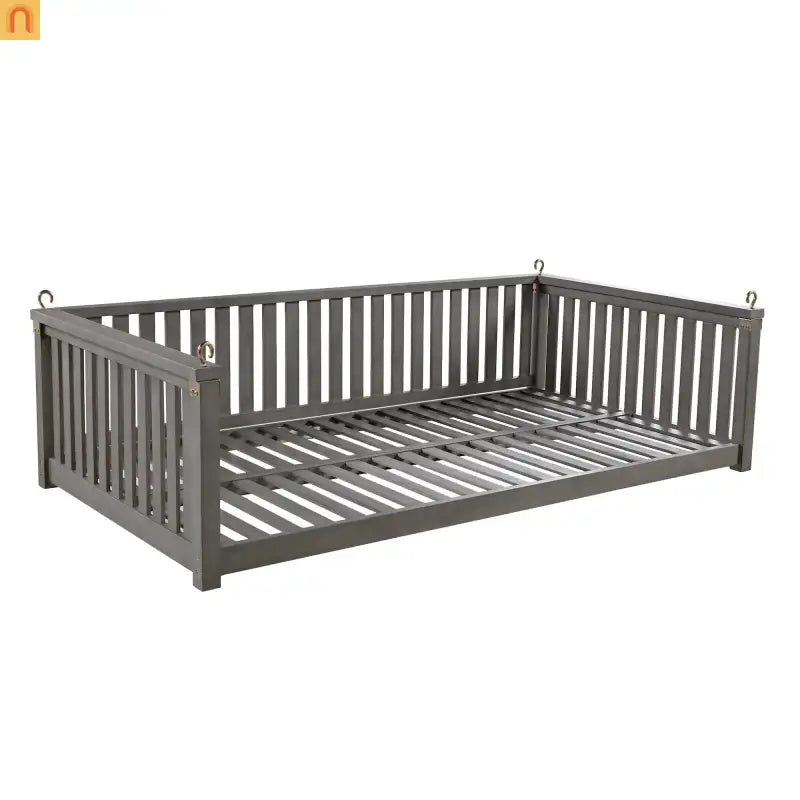 79-Inch Outdoor Acacia Wood Twin Swing Bed with Minimalist Rope Accents - Gray