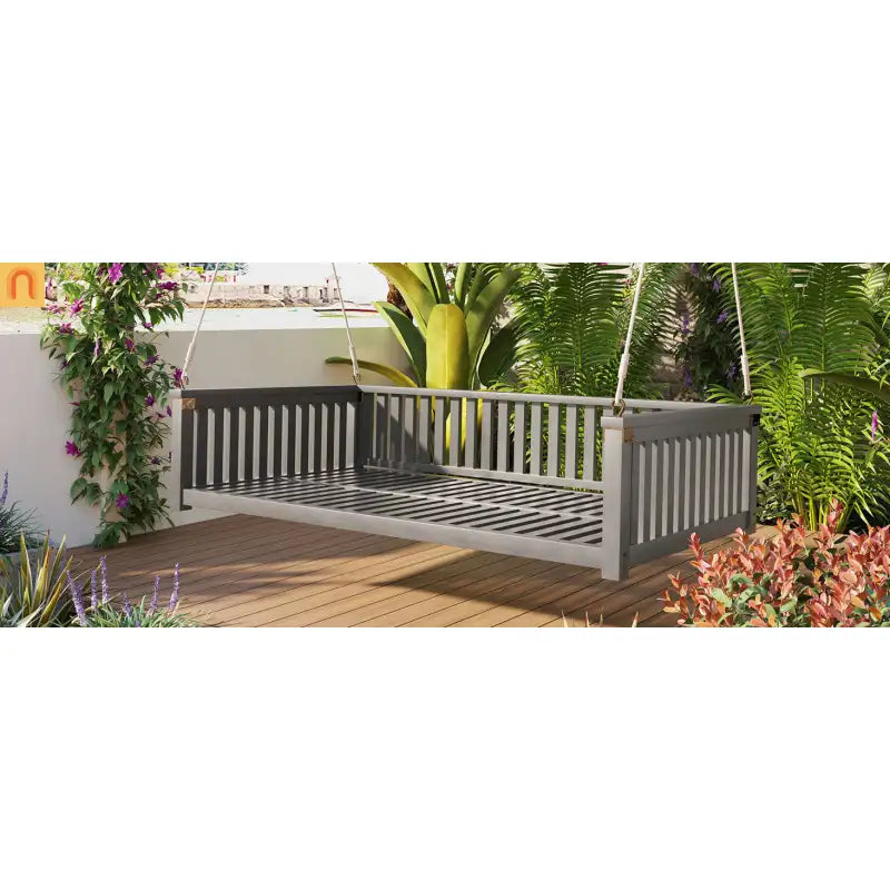 79-Inch Outdoor Acacia Wood Twin Swing Bed with Minimalist Rope Accents - Gray