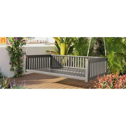 79-Inch Outdoor Acacia Wood Twin Swing Bed with Minimalist Rope Accents - Gray