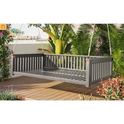 79-Inch Outdoor Acacia Wood Twin Swing Bed with Minimalist Rope Accents - Gray